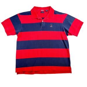 Izod Polo Men L 2-Button Izod Logo on Chest 100% Cotton Red Black Stripe